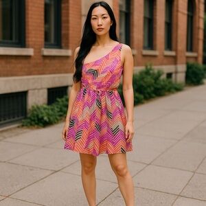 Trina Turk | Draped One Shoulder Silk Chiffon Dress Zig Zag Print Orange Pink 6